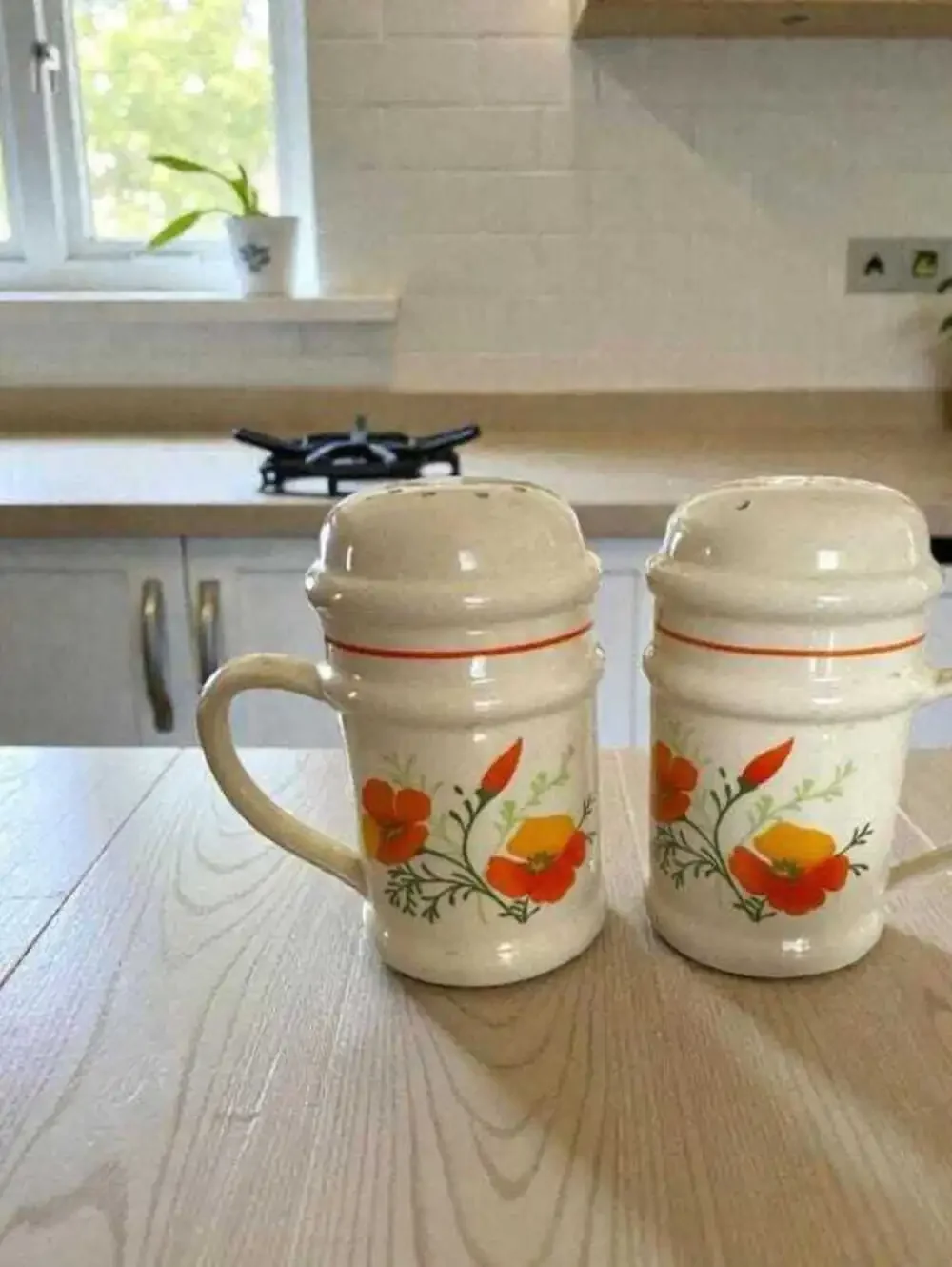 Salt & Pepper Shakers: Vintage California Poppy Stoneware (1970s Boho Style)